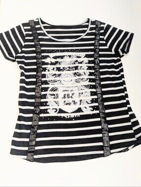 Women's Black & White Striped Tee/T-Shirt w/Sequins Rhinestones & Crest Graphic
